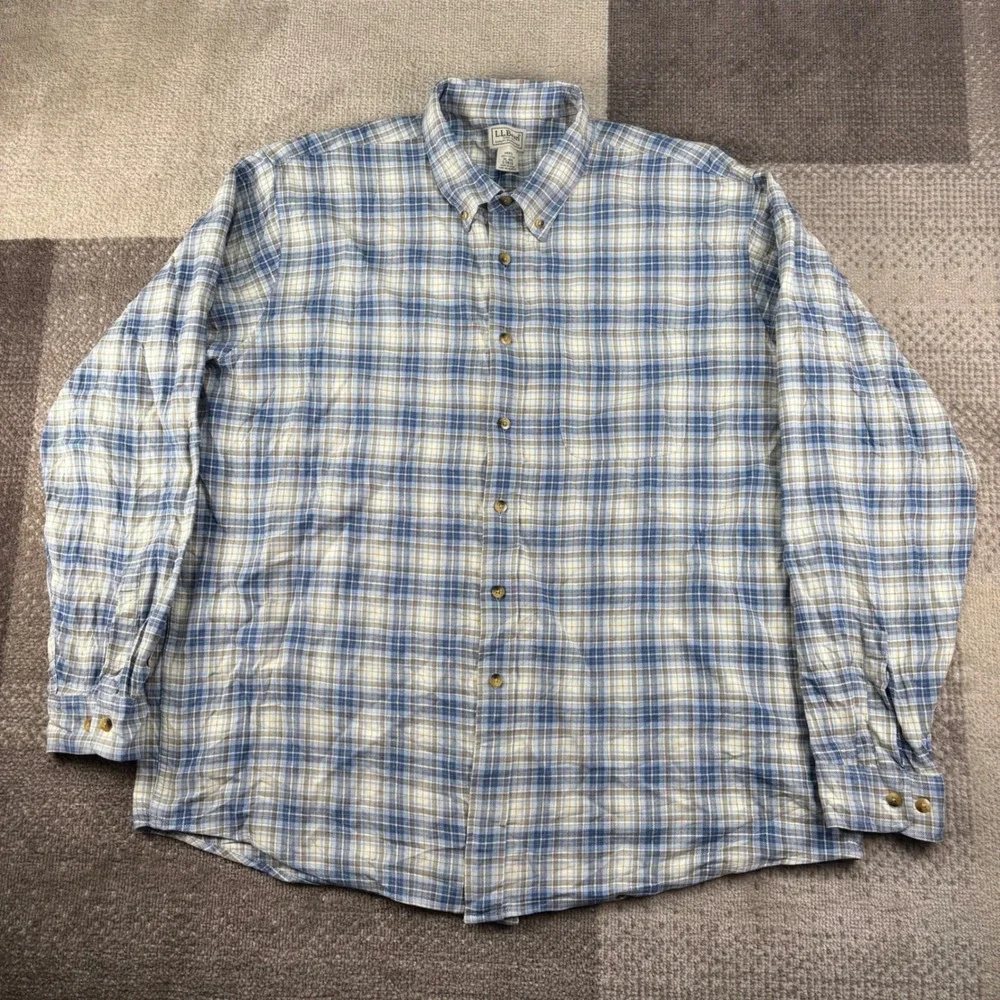 LL Bean Mens XL Regular Blue Plaid Long Sleeve Button Down Cotton Shirt DBX6
